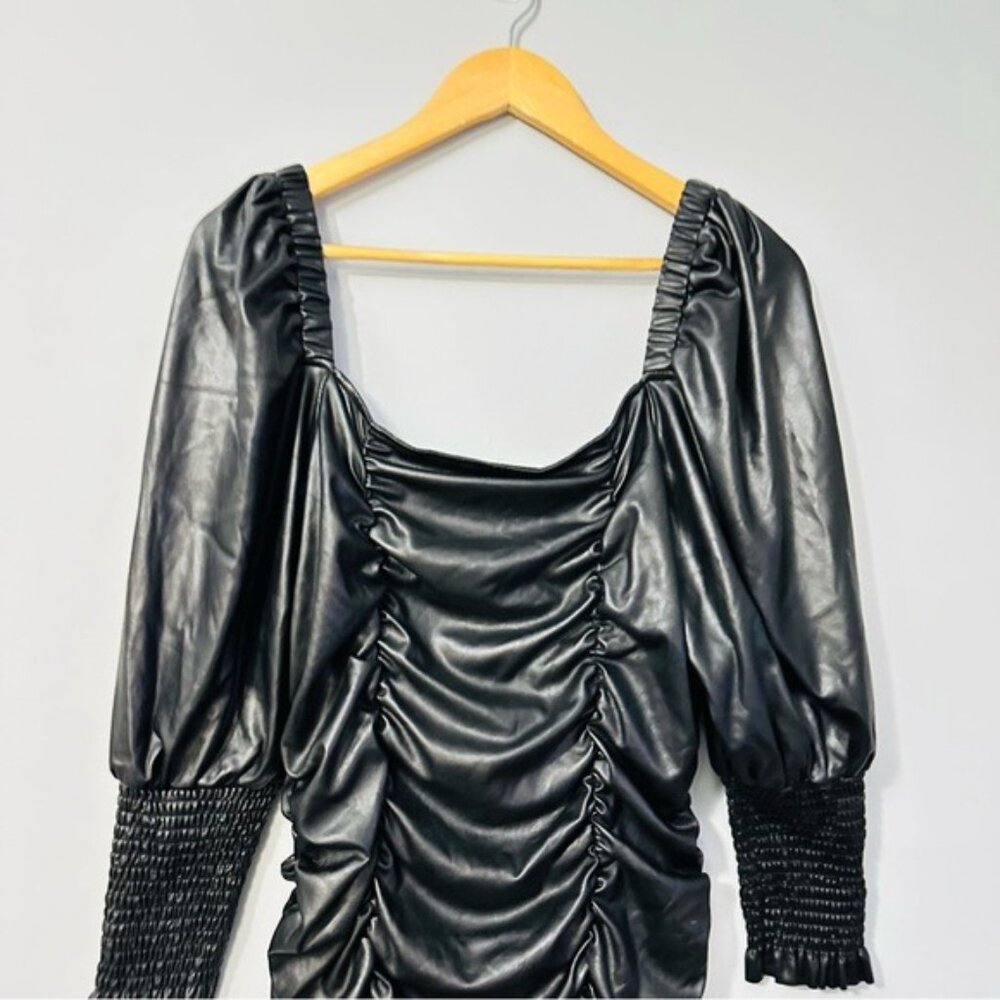 Topshop Faux Leather Ruched Mini Dress Black Puff Sleeve Y2K Baddie US 12 - Picture 5 of 12